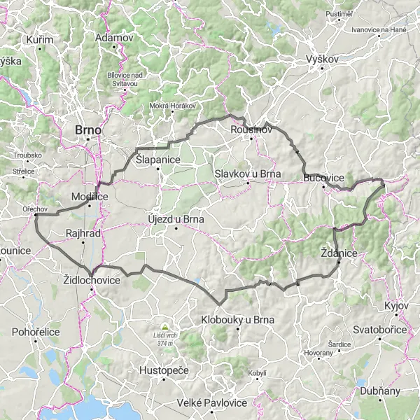 Miniaturní mapa "Silniční výlet směrem k Syrovicím" inspirace pro cyklisty v oblasti Jihovýchod, Czech Republic. Vytvořeno pomocí plánovače tras Tarmacs.app