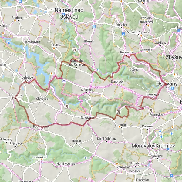 Mapa miniatúra "Gravelová trasa kolem Oslavan" cyklistická inšpirácia v Jihovýchod, Czech Republic. Vygenerované cyklistickým plánovačom trás Tarmacs.app