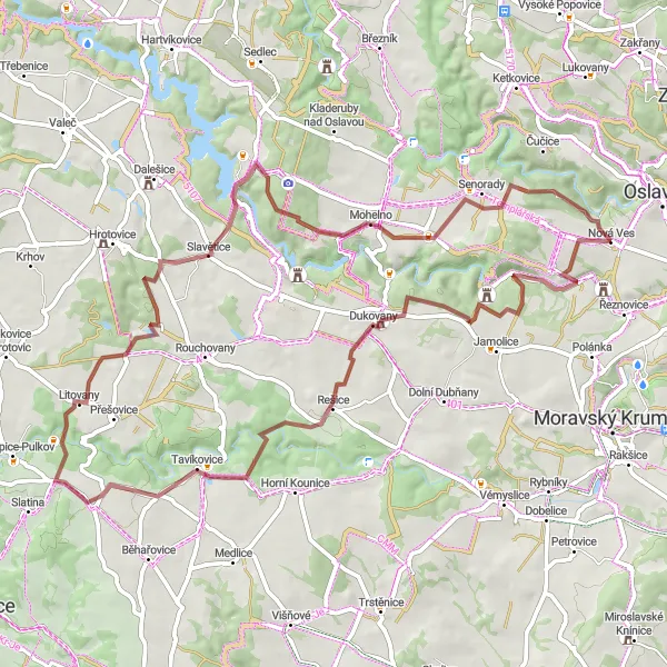 Miniaturní mapa "Oslavany - zámek Dukovany - Pramen u Berana" inspirace pro cyklisty v oblasti Jihovýchod, Czech Republic. Vytvořeno pomocí plánovače tras Tarmacs.app