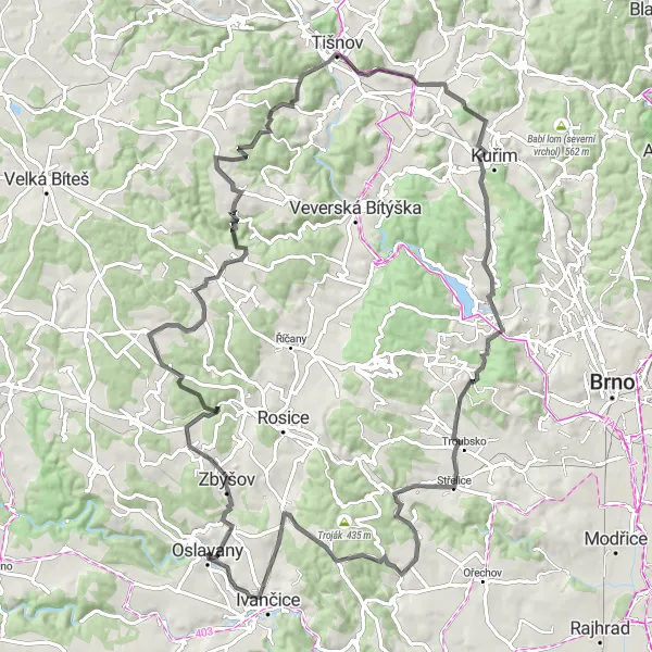 Miniaturní mapa "Výlet kolem Ivančic" inspirace pro cyklisty v oblasti Jihovýchod, Czech Republic. Vytvořeno pomocí plánovače tras Tarmacs.app
