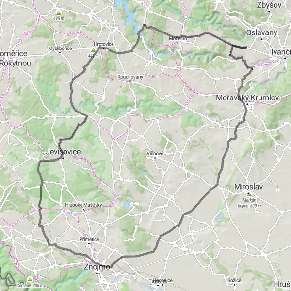 Mapa miniatúra "Cestní výlet okolo Oslavan" cyklistická inšpirácia v Jihovýchod, Czech Republic. Vygenerované cyklistickým plánovačom trás Tarmacs.app