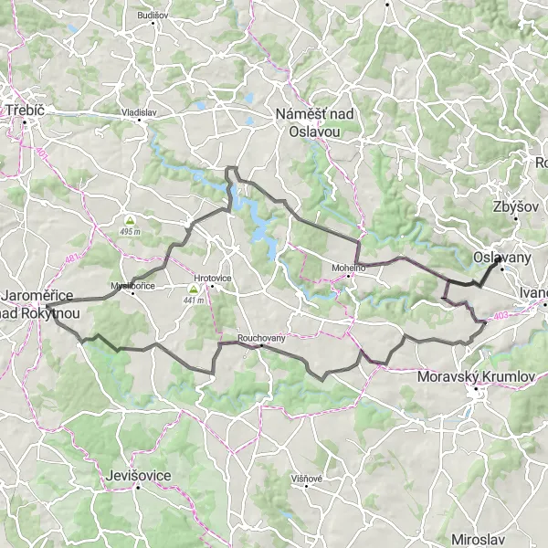 Mapa miniatúra "Road do kopcov okolo Oslavan" cyklistická inšpirácia v Jihovýchod, Czech Republic. Vygenerované cyklistickým plánovačom trás Tarmacs.app