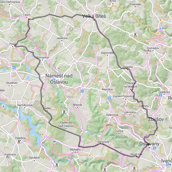 Miniaturní mapa "Okruh kolem Oslavan" inspirace pro cyklisty v oblasti Jihovýchod, Czech Republic. Vytvořeno pomocí plánovače tras Tarmacs.app