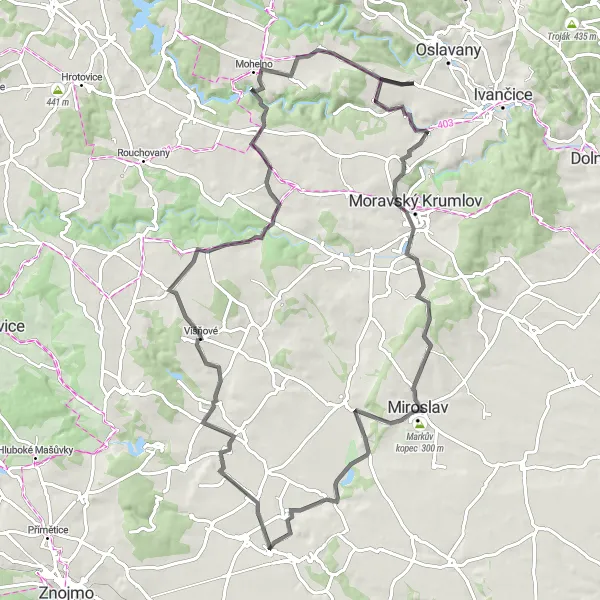Miniaturní mapa "Oslavany - Miroslavské Knínice - Senorady" inspirace pro cyklisty v oblasti Jihovýchod, Czech Republic. Vytvořeno pomocí plánovače tras Tarmacs.app