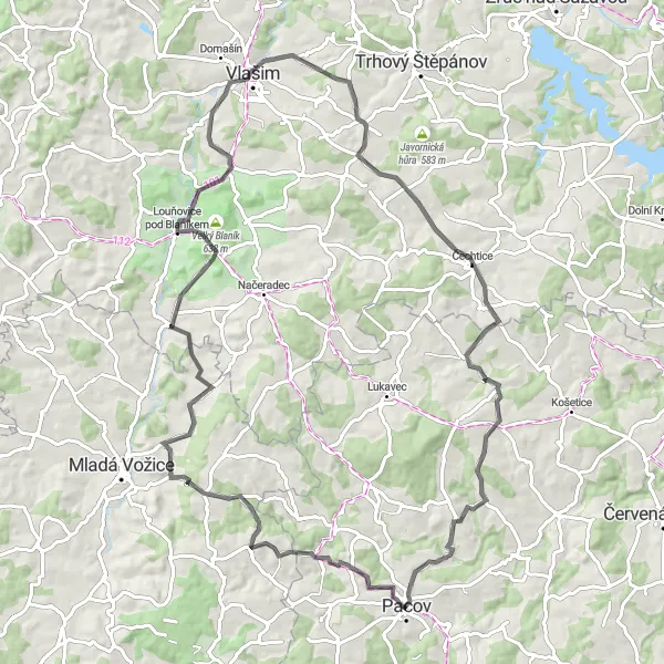 Map miniature of "Pyramida - Zadní Střítež - Hrajovice Round Trip" cycling inspiration in Jihovýchod, Czech Republic. Generated by Tarmacs.app cycling route planner