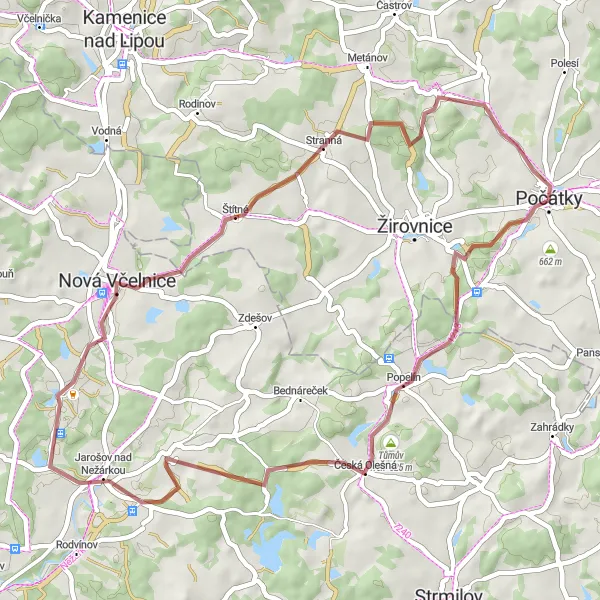 Mapa miniatúra "Gravel path from Počátky" cyklistická inšpirácia v Jihovýchod, Czech Republic. Vygenerované cyklistickým plánovačom trás Tarmacs.app