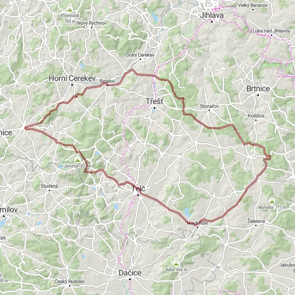 Miniatura mapy "Trasa Gravel do Počátków" - trasy rowerowej w Jihovýchod, Czech Republic. Wygenerowane przez planer tras rowerowych Tarmacs.app