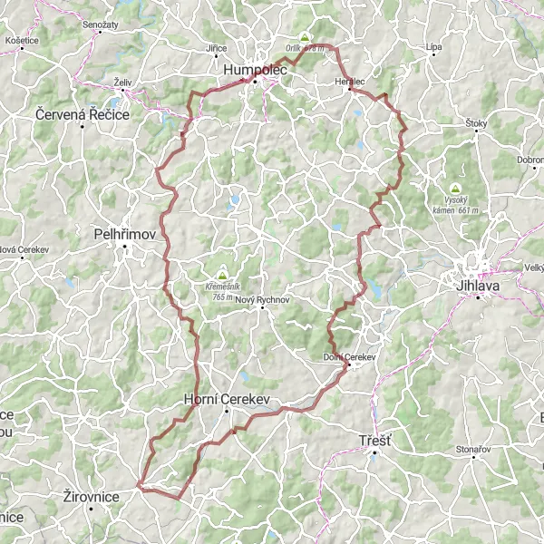 Mapa miniatúra "Náročná gravelová trasa skrz kopce" cyklistická inšpirácia v Jihovýchod, Czech Republic. Vygenerované cyklistickým plánovačom trás Tarmacs.app