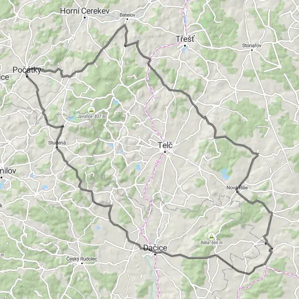 Karten-Miniaturansicht der Radinspiration "Herausfordernde Roadbike-Tour um Počátky" in Jihovýchod, Czech Republic. Erstellt vom Tarmacs.app-Routenplaner für Radtouren