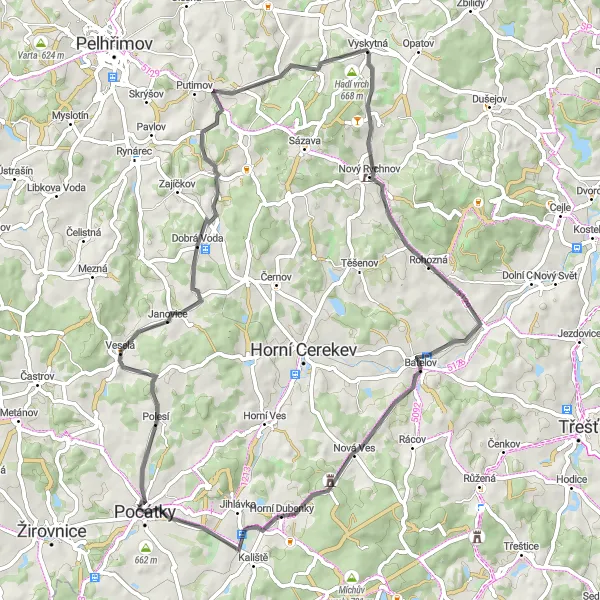 Mapa miniatúra "Road tour through scenic landscapes" cyklistická inšpirácia v Jihovýchod, Czech Republic. Vygenerované cyklistickým plánovačom trás Tarmacs.app