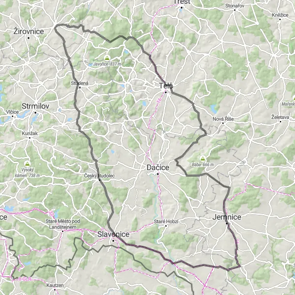 Karten-Miniaturansicht der Radinspiration "Die Herausforderungsrunde" in Jihovýchod, Czech Republic. Erstellt vom Tarmacs.app-Routenplaner für Radtouren
