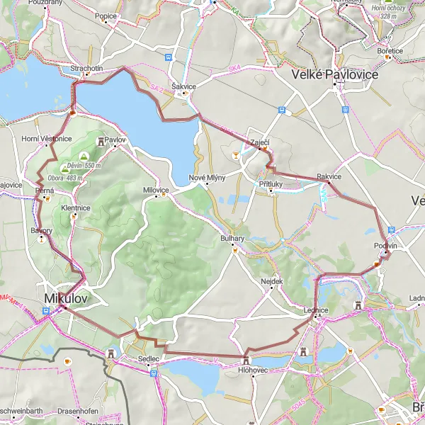 Miniaturní mapa "Gravel Okruh Lednice-Mikulov" inspirace pro cyklisty v oblasti Jihovýchod, Czech Republic. Vytvořeno pomocí plánovače tras Tarmacs.app