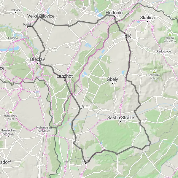 Mapa miniatúra "Epická road trasa z Podivína do Břeclavi" cyklistická inšpirácia v Jihovýchod, Czech Republic. Vygenerované cyklistickým plánovačom trás Tarmacs.app