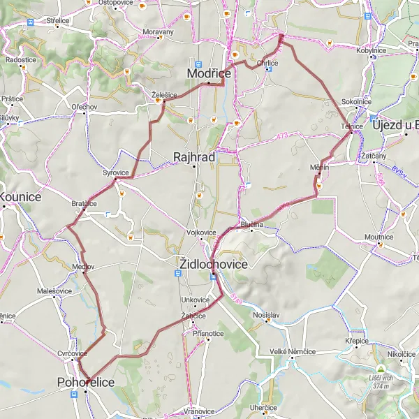Mapa miniatúra "Gravelová projížďka kolem Židlochovic" cyklistická inšpirácia v Jihovýchod, Czech Republic. Vygenerované cyklistickým plánovačom trás Tarmacs.app
