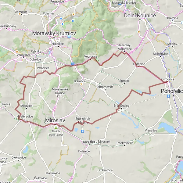 Miniaturní mapa "Gravel okolo Cvrčovic" inspirace pro cyklisty v oblasti Jihovýchod, Czech Republic. Vytvořeno pomocí plánovače tras Tarmacs.app