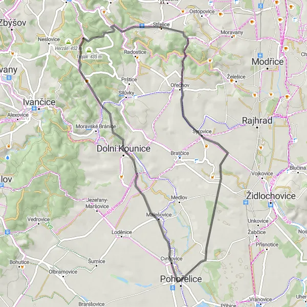 Mapa miniatúra "Okružná cyklotrasa cez Pohořelice" cyklistická inšpirácia v Jihovýchod, Czech Republic. Vygenerované cyklistickým plánovačom trás Tarmacs.app