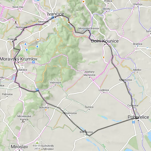 Karten-Miniaturansicht der Radinspiration "Road-Tour von Pohořelice nach Moravské Bránice" in Jihovýchod, Czech Republic. Erstellt vom Tarmacs.app-Routenplaner für Radtouren