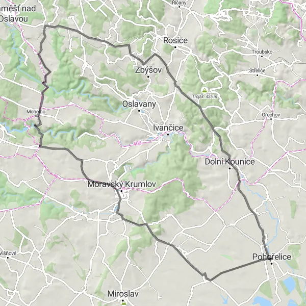 Miniaturní mapa "Road přes Branišovice" inspirace pro cyklisty v oblasti Jihovýchod, Czech Republic. Vytvořeno pomocí plánovače tras Tarmacs.app