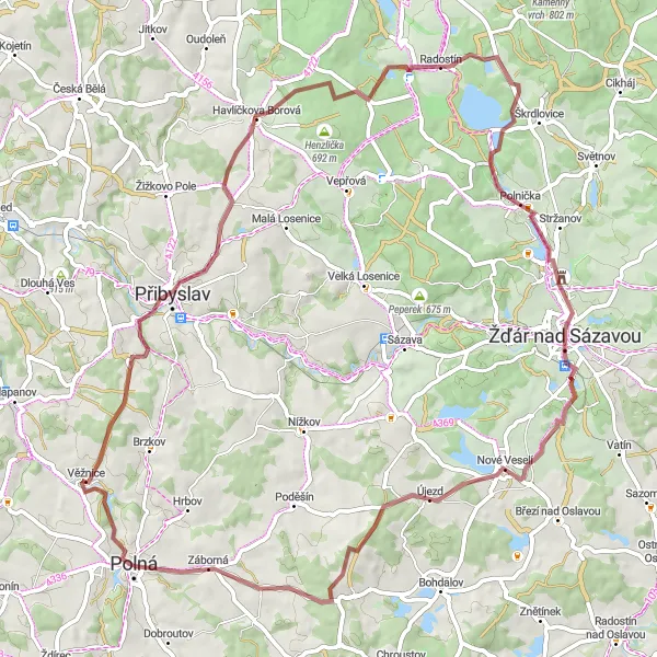 Miniatura mapy "Długa trasa gravelowa przez Dolní Jablonná i Blažkov" - trasy rowerowej w Jihovýchod, Czech Republic. Wygenerowane przez planer tras rowerowych Tarmacs.app