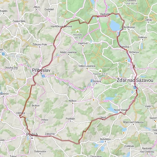 Map miniature of "Scenic Gravel Loop near Polná" cycling inspiration in Jihovýchod, Czech Republic. Generated by Tarmacs.app cycling route planner