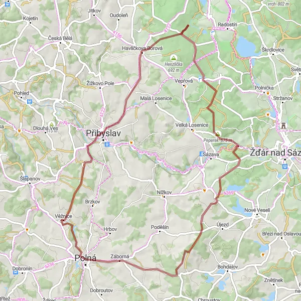 Miniaturní mapa "Gravel Route 2: Polná - Záborná" inspirace pro cyklisty v oblasti Jihovýchod, Czech Republic. Vytvořeno pomocí plánovače tras Tarmacs.app