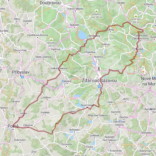 Miniatura mapy "Trasa gravelowa z Polná przez Špinov, Škrdlovice, Tisůvka i inne" - trasy rowerowej w Jihovýchod, Czech Republic. Wygenerowane przez planer tras rowerowych Tarmacs.app