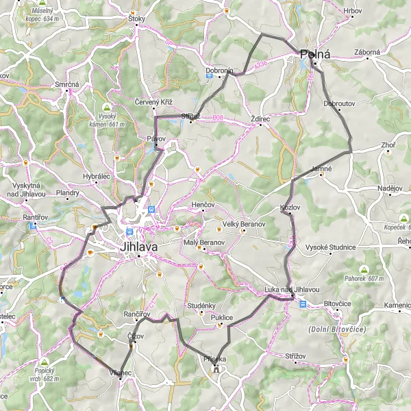 Mapa miniatúra "Cestné Kolo na okruhu okolo Polné 2" cyklistická inšpirácia v Jihovýchod, Czech Republic. Vygenerované cyklistickým plánovačom trás Tarmacs.app