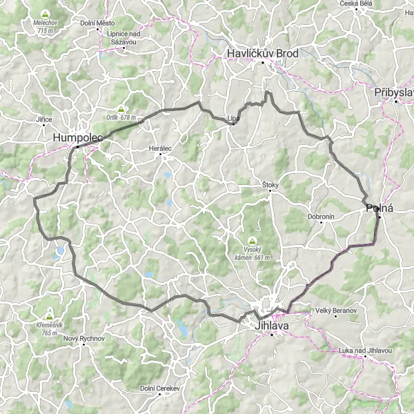 Map miniature of "Polná - Hruškové Dvory - Velký Rybník - Polná" cycling inspiration in Jihovýchod, Czech Republic. Generated by Tarmacs.app cycling route planner