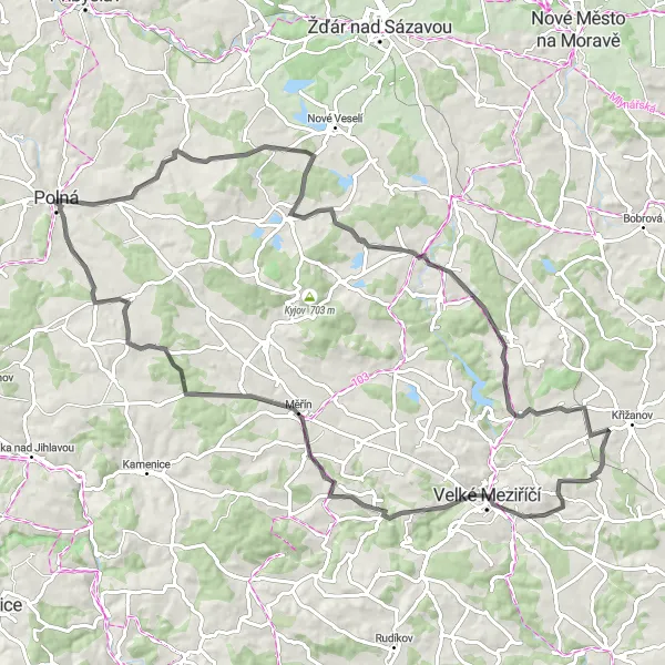 Miniaturní mapa "Kulturní cyklotrasa blízko Polné" inspirace pro cyklisty v oblasti Jihovýchod, Czech Republic. Vytvořeno pomocí plánovače tras Tarmacs.app