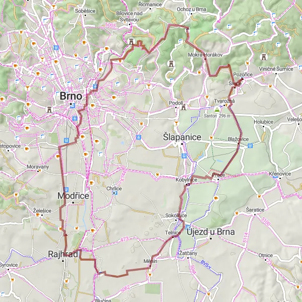 Miniaturní mapa "Gravel Pozořice - Mokrá-Horákov" inspirace pro cyklisty v oblasti Jihovýchod, Czech Republic. Vytvořeno pomocí plánovače tras Tarmacs.app