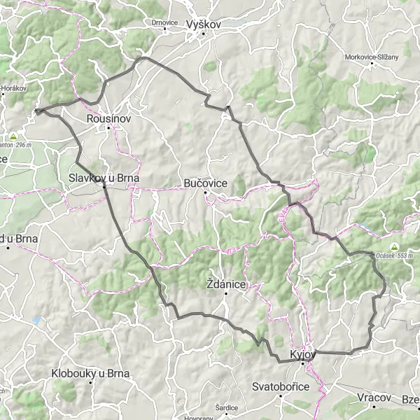 Map miniature of "Picturesque Adventure to Velešovice" cycling inspiration in Jihovýchod, Czech Republic. Generated by Tarmacs.app cycling route planner