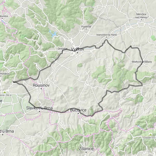 Map miniature of "The Challenging Route" cycling inspiration in Jihovýchod, Czech Republic. Generated by Tarmacs.app cycling route planner