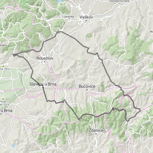Miniaturní mapa "Silniční trasa okolo Pozořic" inspirace pro cyklisty v oblasti Jihovýchod, Czech Republic. Vytvořeno pomocí plánovače tras Tarmacs.app