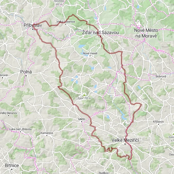 Miniaturní mapa "Gravelový výlet kolem Přibyslavi" inspirace pro cyklisty v oblasti Jihovýchod, Czech Republic. Vytvořeno pomocí plánovače tras Tarmacs.app
