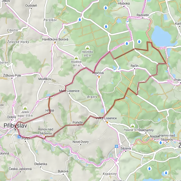 Map miniature of "Roudnice Gravel Adventure" cycling inspiration in Jihovýchod, Czech Republic. Generated by Tarmacs.app cycling route planner
