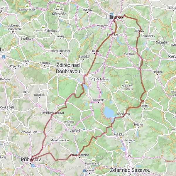 Map miniature of "Scenic Gravel Ride" cycling inspiration in Jihovýchod, Czech Republic. Generated by Tarmacs.app cycling route planner