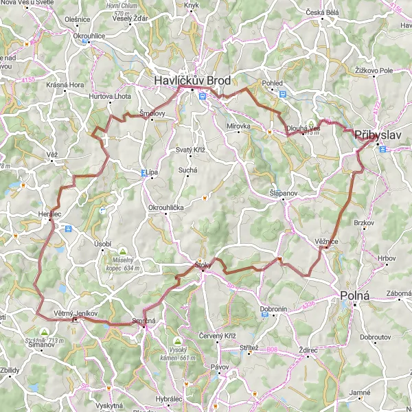 Miniaturní mapa "Gravelová exkurze na výšinu" inspirace pro cyklisty v oblasti Jihovýchod, Czech Republic. Vytvořeno pomocí plánovače tras Tarmacs.app