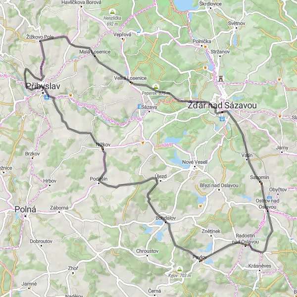 Miniaturní mapa "Okruh kolem Přibyslavi a okolních zajímavostí" inspirace pro cyklisty v oblasti Jihovýchod, Czech Republic. Vytvořeno pomocí plánovače tras Tarmacs.app