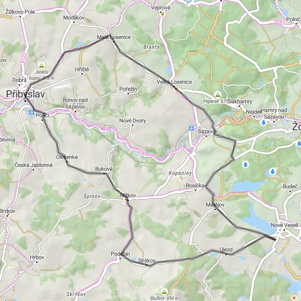 Mapa miniatúra "Road Route Jankův kopec" cyklistická inšpirácia v Jihovýchod, Czech Republic. Vygenerované cyklistickým plánovačom trás Tarmacs.app