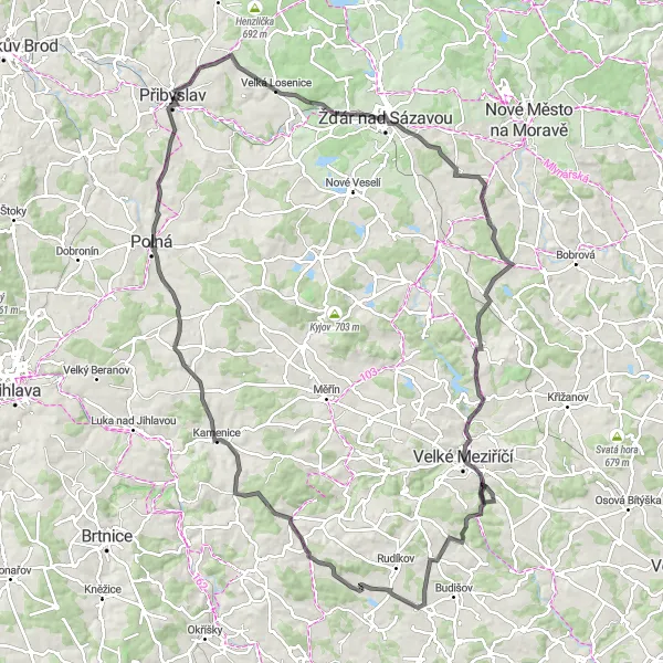 Map miniature of "Historical and Cultural Road Cycling" cycling inspiration in Jihovýchod, Czech Republic. Generated by Tarmacs.app cycling route planner