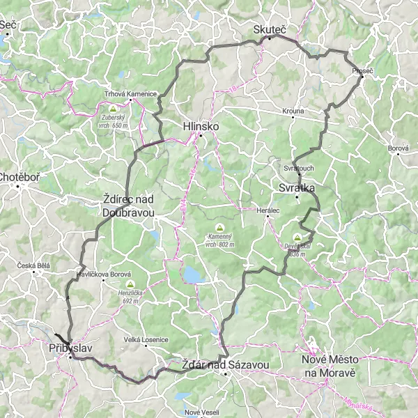 Miniaturní mapa "Kolem kopců a lesů kolem Přibyslavi" inspirace pro cyklisty v oblasti Jihovýchod, Czech Republic. Vytvořeno pomocí plánovače tras Tarmacs.app