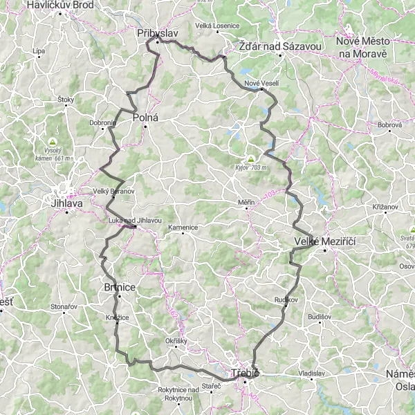 Miniaturní mapa "Okruh kolem Přibyslavi a okolí" inspirace pro cyklisty v oblasti Jihovýchod, Czech Republic. Vytvořeno pomocí plánovače tras Tarmacs.app