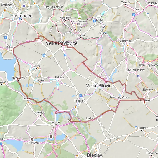 Miniaturní mapa "Ladná a kolem Nových Mlýnů" inspirace pro cyklisty v oblasti Jihovýchod, Czech Republic. Vytvořeno pomocí plánovače tras Tarmacs.app