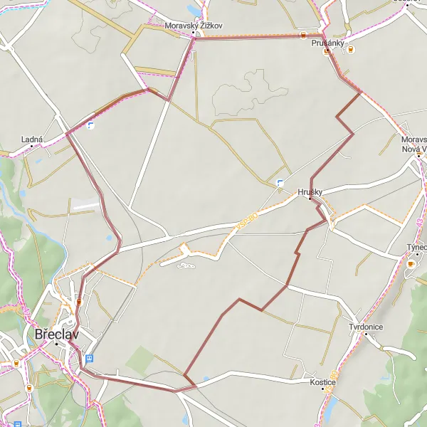 Miniaturní mapa "Přes Hrušky do Břeclavi" inspirace pro cyklisty v oblasti Jihovýchod, Czech Republic. Vytvořeno pomocí plánovače tras Tarmacs.app