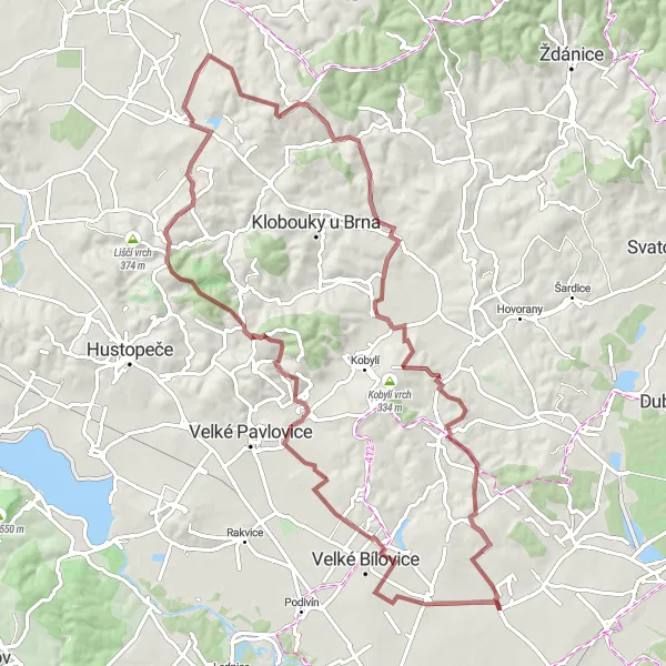 Mapa miniatúra "Gravelová okružná trasa s výhľadmi" cyklistická inšpirácia v Jihovýchod, Czech Republic. Vygenerované cyklistickým plánovačom trás Tarmacs.app