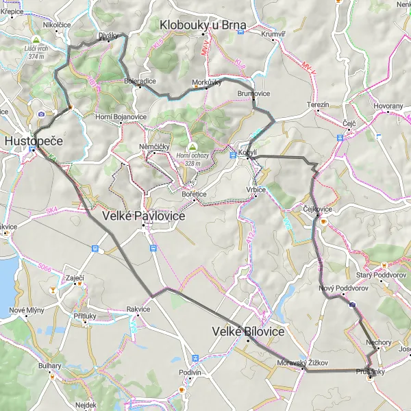 Miniaturní mapa "Výlet okolo Velkých Bílovic" inspirace pro cyklisty v oblasti Jihovýchod, Czech Republic. Vytvořeno pomocí plánovače tras Tarmacs.app