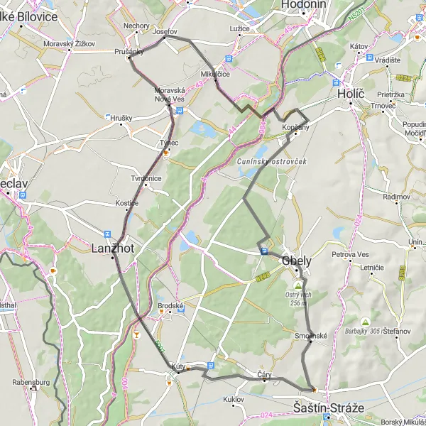 Mapa miniatúra "Okružná cyklotrasa cez kopce" cyklistická inšpirácia v Jihovýchod, Czech Republic. Vygenerované cyklistickým plánovačom trás Tarmacs.app