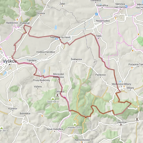 Mapa miniatúra "Zážitková cyklotrasa cez malebnú krajinu" cyklistická inšpirácia v Jihovýchod, Czech Republic. Vygenerované cyklistickým plánovačom trás Tarmacs.app