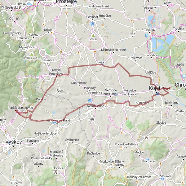 Mapa miniatúra "Cyklotrasa plná zaujímavých miest" cyklistická inšpirácia v Jihovýchod, Czech Republic. Vygenerované cyklistickým plánovačom trás Tarmacs.app