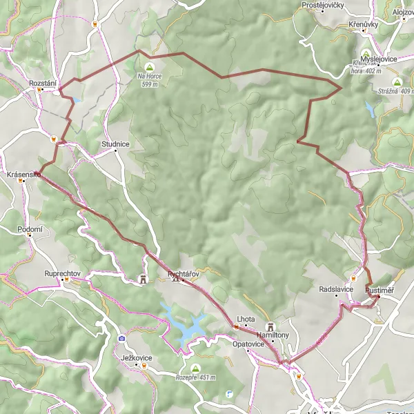 Miniaturní mapa "Gravel Pustiměř Circuit" inspirace pro cyklisty v oblasti Jihovýchod, Czech Republic. Vytvořeno pomocí plánovače tras Tarmacs.app